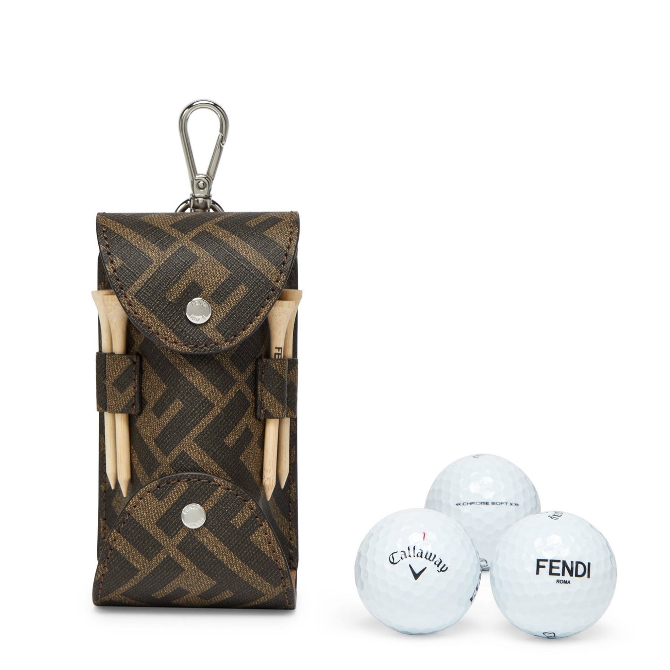 ゴルフボールとティーホルダーのセット（ケース付き）「FF」ロゴブラウンファブリックケース￥104,500（税込み価格・販売中）
