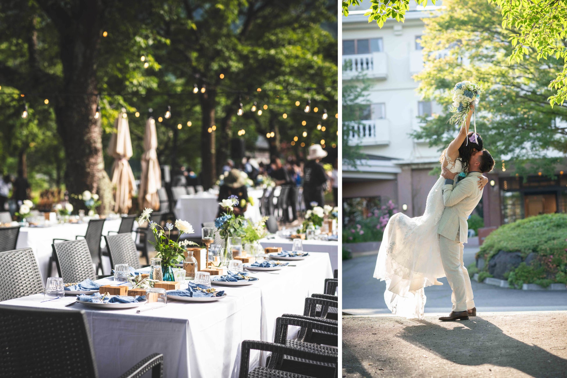 湖畔庭園でのフラワーシャワー（画像左）｜外国人カップルのウェディングも人気 ©cuore wedding（画像右）