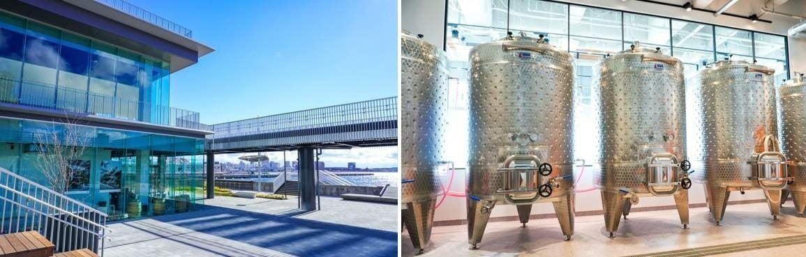 Stage Felissimo1F海側にあるf winery[エフワイナリー]（左）　、ワインを醸造するタンク（右）