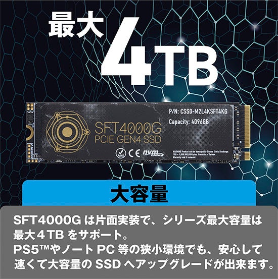 CFD販売から、最大4TB PCIe Gen4x4接続 シーケンシャルリード最大4,400MB/sのM.2 NVMe SSD『SFT4000Gシリーズ...