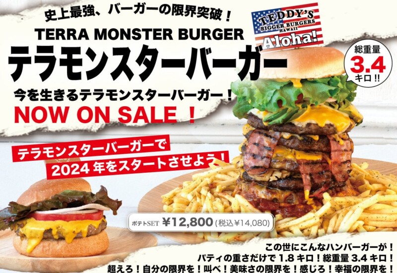 １万円超えのハンバーガー♪ 総重量約3.4kg 破格のメガ盛りに挑戦！「テラモンスターバーガー」、ハワイ発「テ...