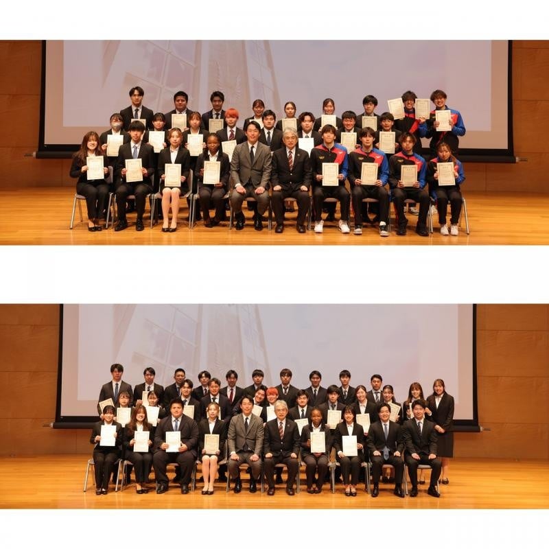 上：学生スポーツ優秀賞（個人）受賞者の集合写真、下：学生スポーツ優秀賞（団体）受賞者の集合写真
