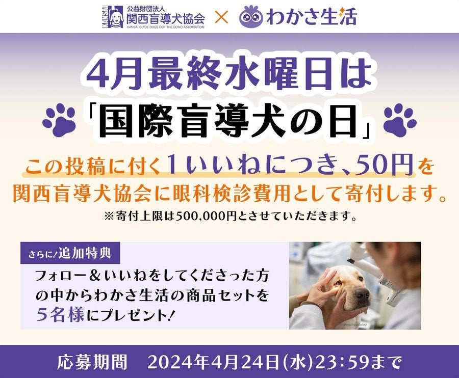 わかさ生活から関西盲導犬協会へ眼科検診費用として400,000円を寄付いたしました。