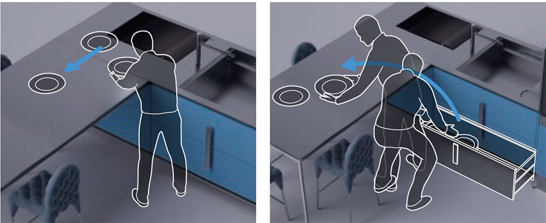 （左）キッチンとテーブルがフラットだから広々使えてスムーズに配膳。（右）ダイニング側にも引き出し収納。準備もしやすい。