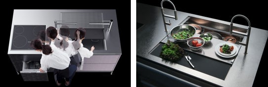 （左）一歩も動かず調理ができる「ゼロ動線キッチン」。（右）シンクが調理スペースになる「パラレロシンク」。