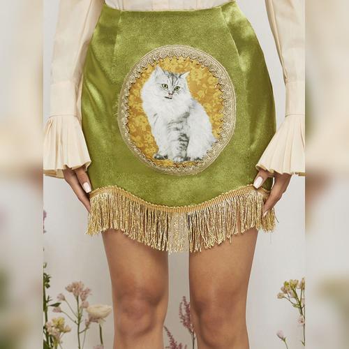 女性用スカート 猫柄 フリンジ ヘムライン