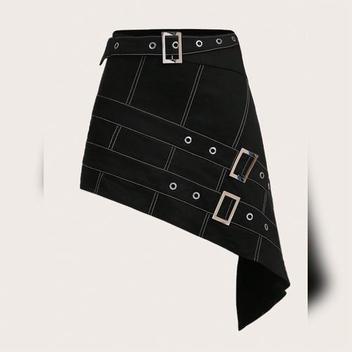 カジュアル 非対称 ベルト付き グロメットアイレット プレーン レディーススカート