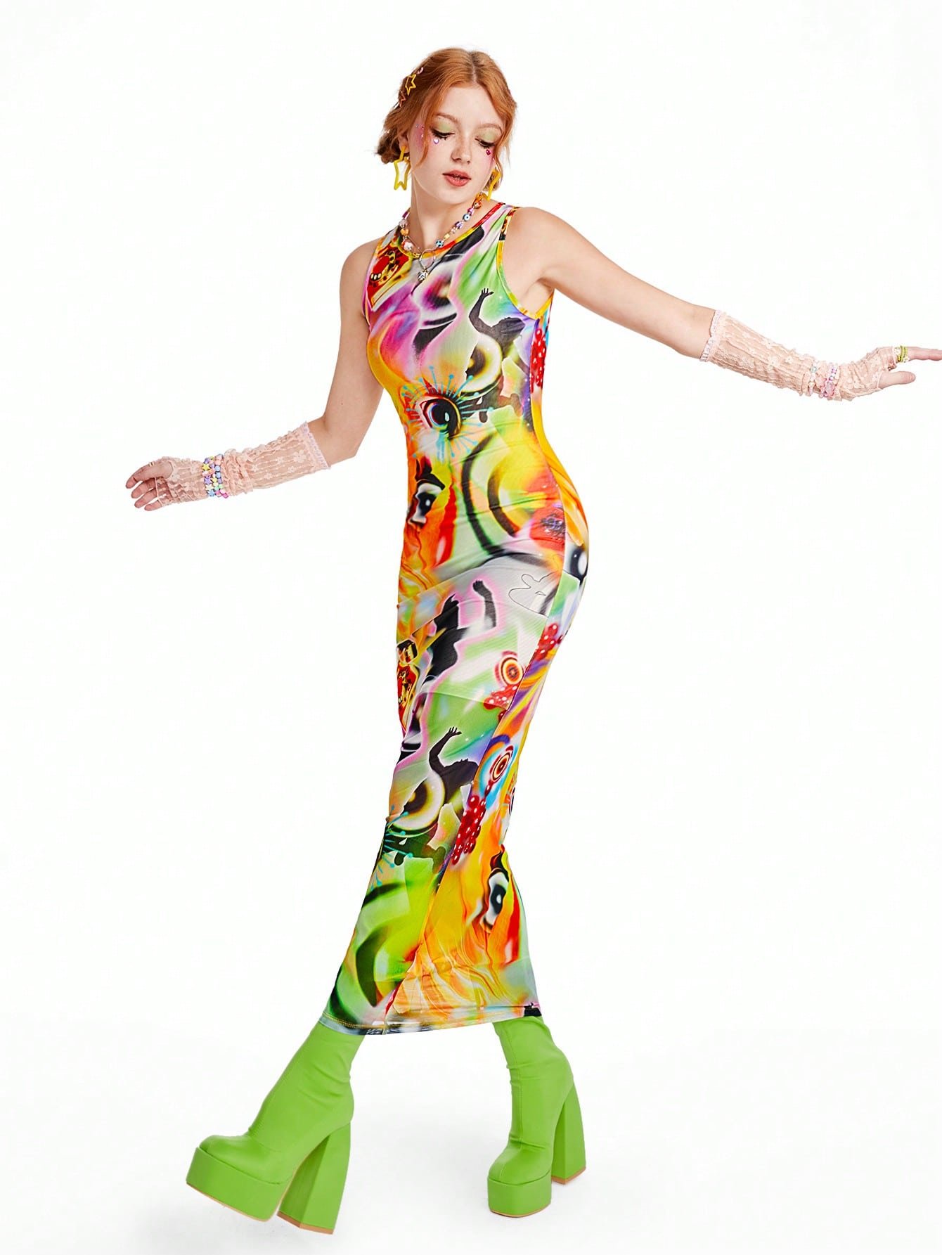 ドーパミン カートゥーン グラフィック & 油絵 レトロ プリント カラーブロック タンク ドレス