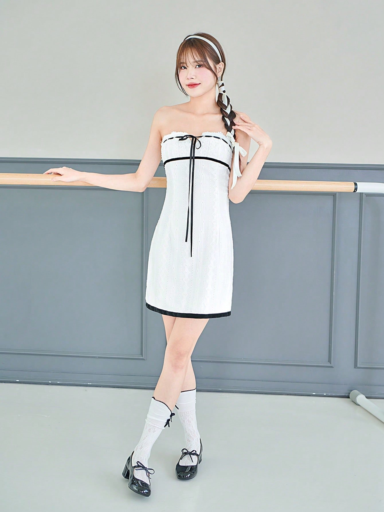 バレエコア弓かわいいリボンレースチューブドレス白いドレス夏のバレンタイン服