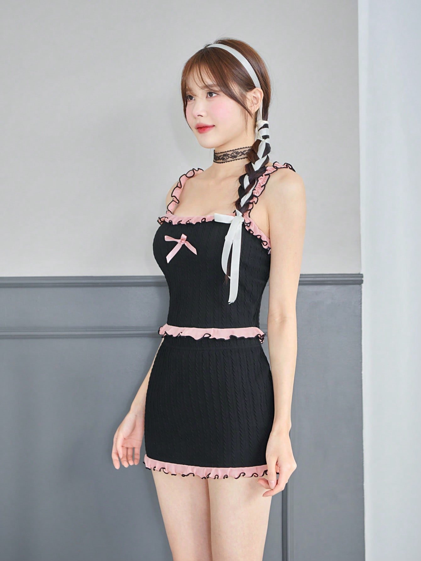 バレエコアリボンかわいいフリルトップコントラストレース黒ツーピース衣装バレンタイン服ピンクスカート
