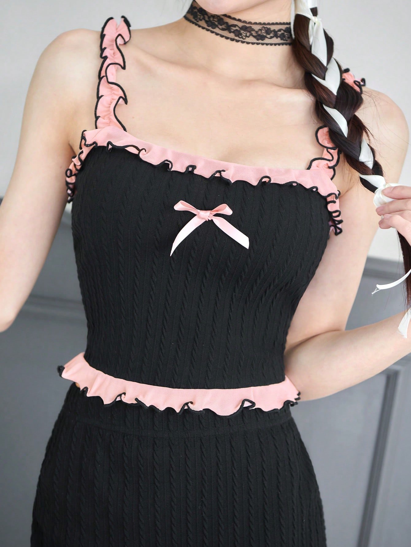 バレエコアリボンかわいいフリルトップコントラストレース黒ツーピース衣装バレンタイン服ピンクスカート