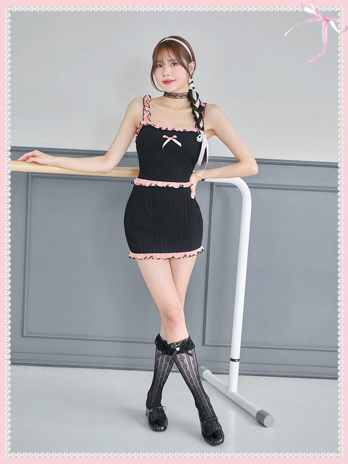SHEIN Neu バレエコアリボンかわいいフリルトップコントラストレース黒ツーピース衣装バレンタイン服ピンクスカート