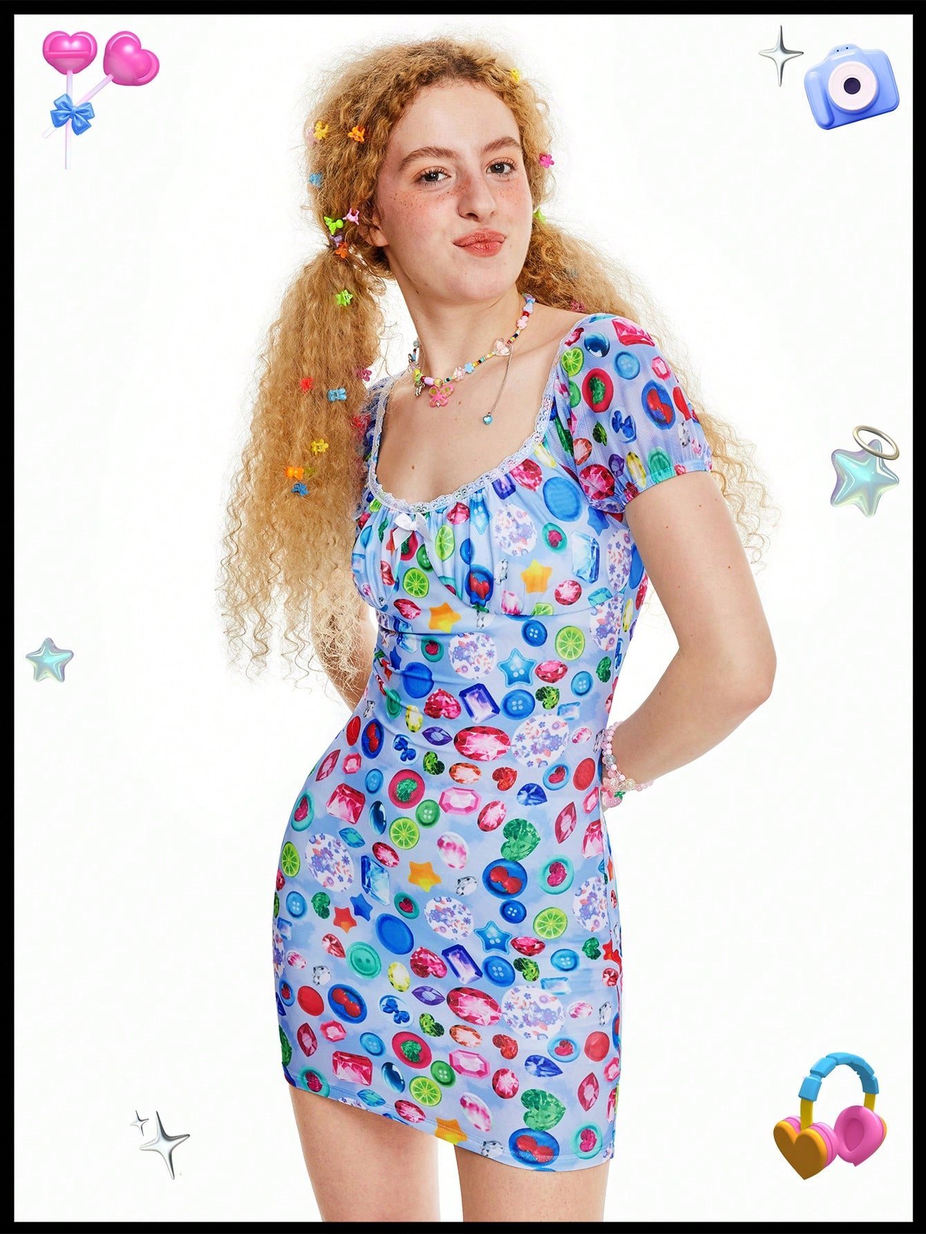 SHEIN Neu ドーパミン プリント ブルー 女性用ドレス キュート女の子 ジュエリー&おもちゃ