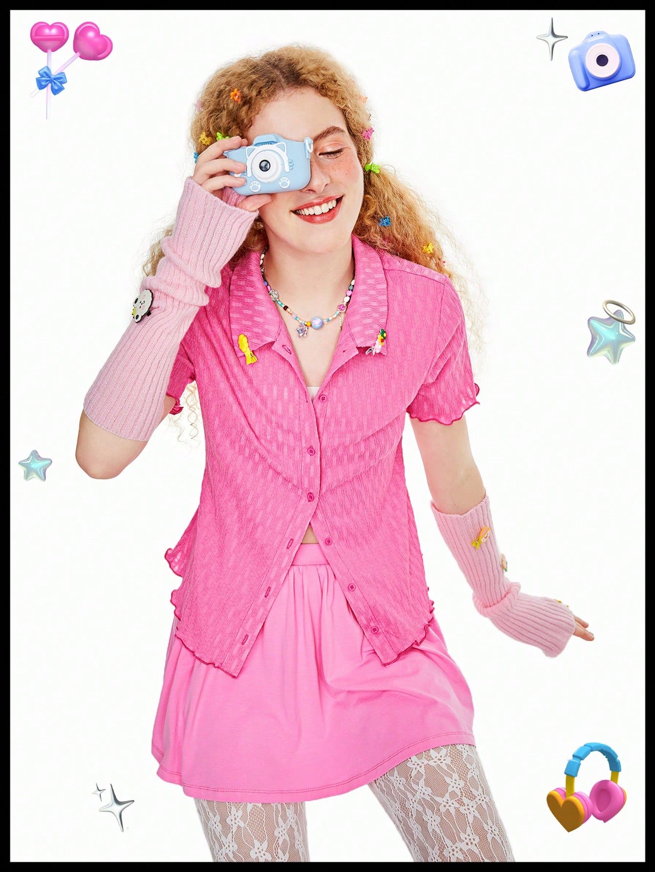 ジャガード編み カーディガン ピンク キッドコア 青春 スプリング スタイル レッド Tシャツ ピンク トップス 夏服 4色