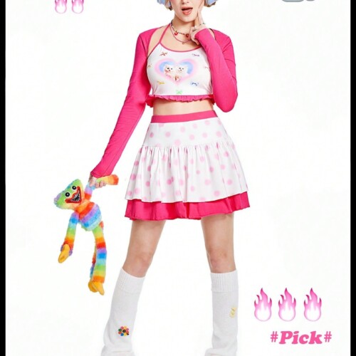 SHEIN Neu キッズワンピース衣装 ポルカドット キュートな猫柄 ピンク 合わせやすい3点セット
