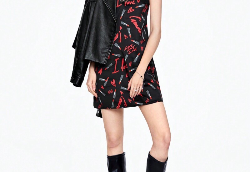 SHEIN Neu 女性のリップスティック & ハート & レター プリント セクシーなブラック スパゲッティ ストラップ ドレス