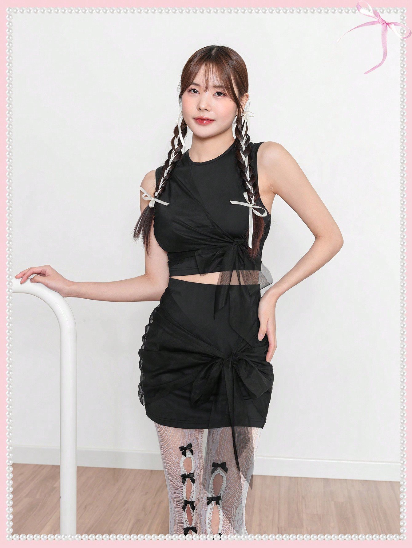SHEIN Neu コケット夏ミニスカート&ボディコントップバレエコアレースアップメッシュリボン甘い黒ツーピース衣装