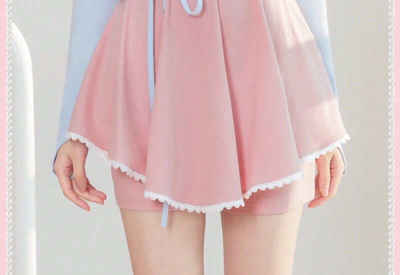 SHEIN Neu バレエコア スカート ショーパン レース かわいい ピンク/白色 リボン装飾