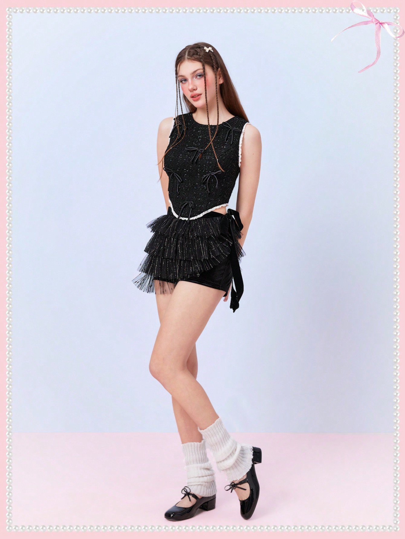 SHEIN Neu ボウタイ シフォン ミニスカート ミニチュチュスカート メッシュ スカートショート コンサート衣装 黒