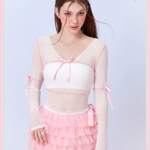 SHEIN Neu バレエコア シースルーレース スリムフィット ピンクボウ付きtシャツ ファッション 衣装 綿混紡素材