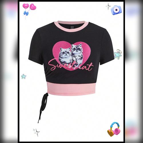 子供用 キャットプリントtシャツ 黒＆ピンク