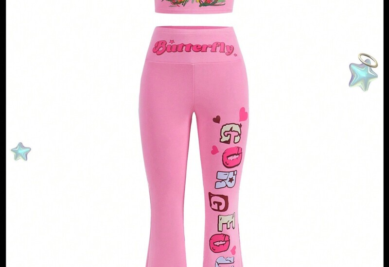 SHEIN Neu キッズ用 かわいい バタフライプリント 2点セット衣装 ピンク