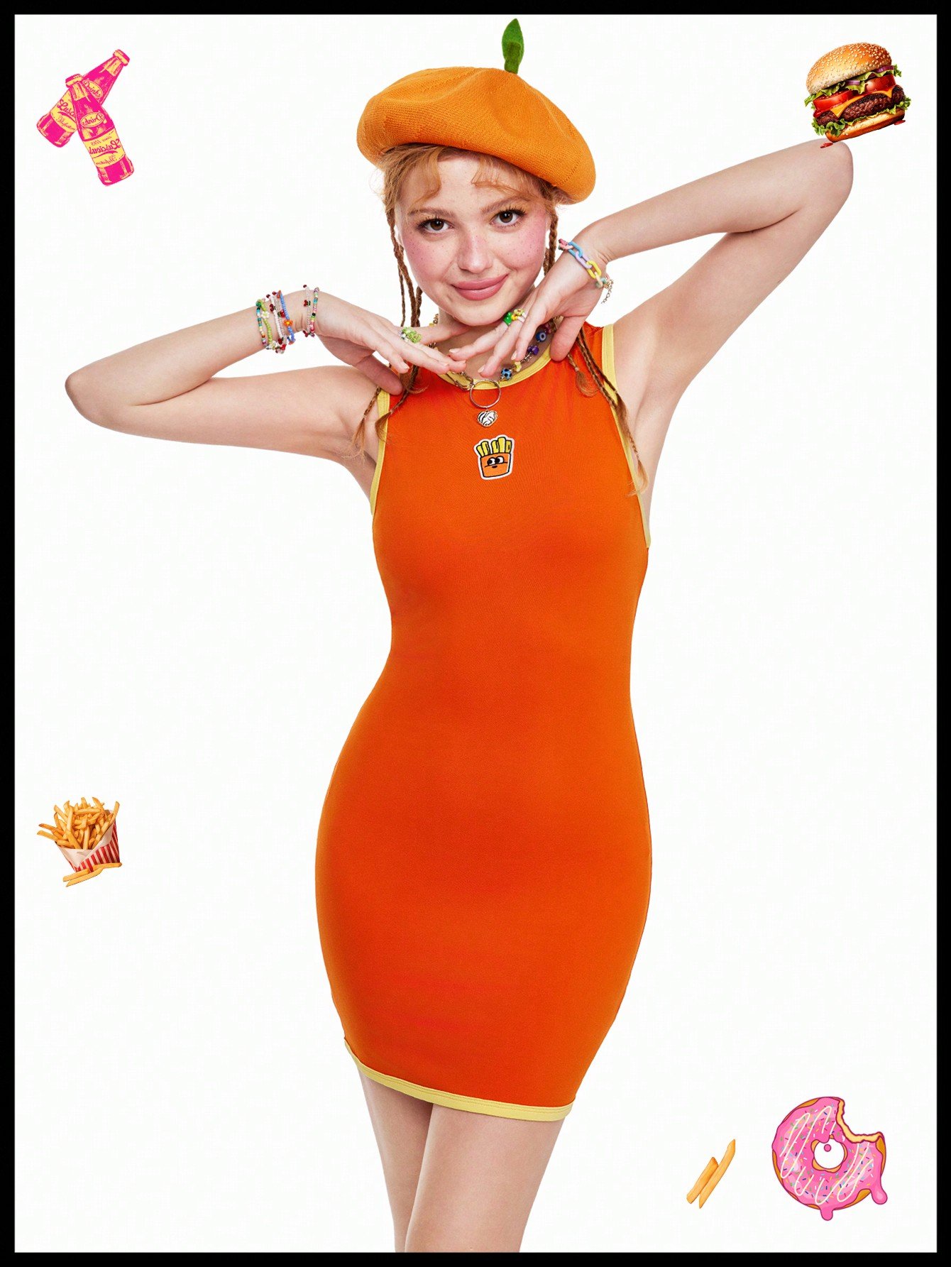 変わった面白いドーパミンオレンジ色のパイピングが前中央に施された可愛いフレンチフライの柄が入ったタイトドレス