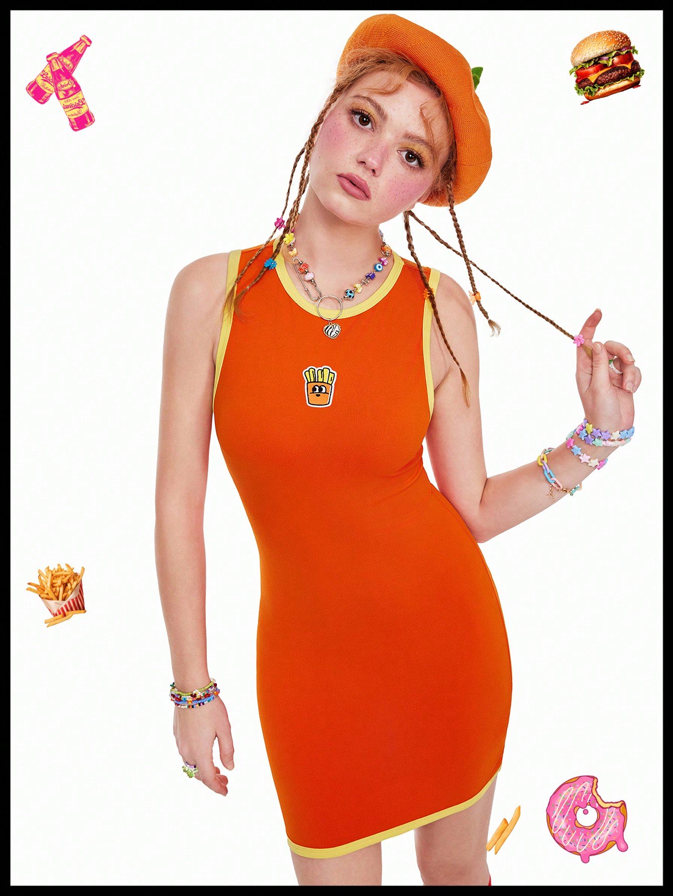 変わった面白いドーパミンオレンジ色のパイピングが前中央に施された可愛いフレンチフライの柄が入ったタイトドレス