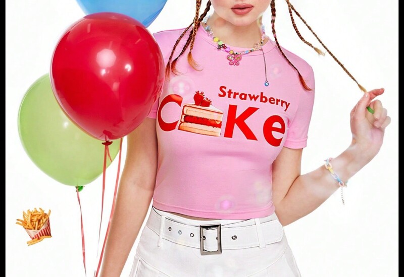 SHEIN Neu クワーキーな面白いドーパミンケーキプリントのピンクTシャツ
