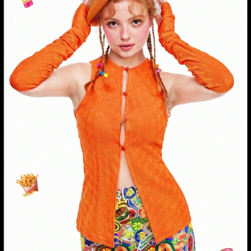 SHEIN Neu 面白いドーパミンオレンジの透けたテキスチャートップ、取り外し可能な袖付き