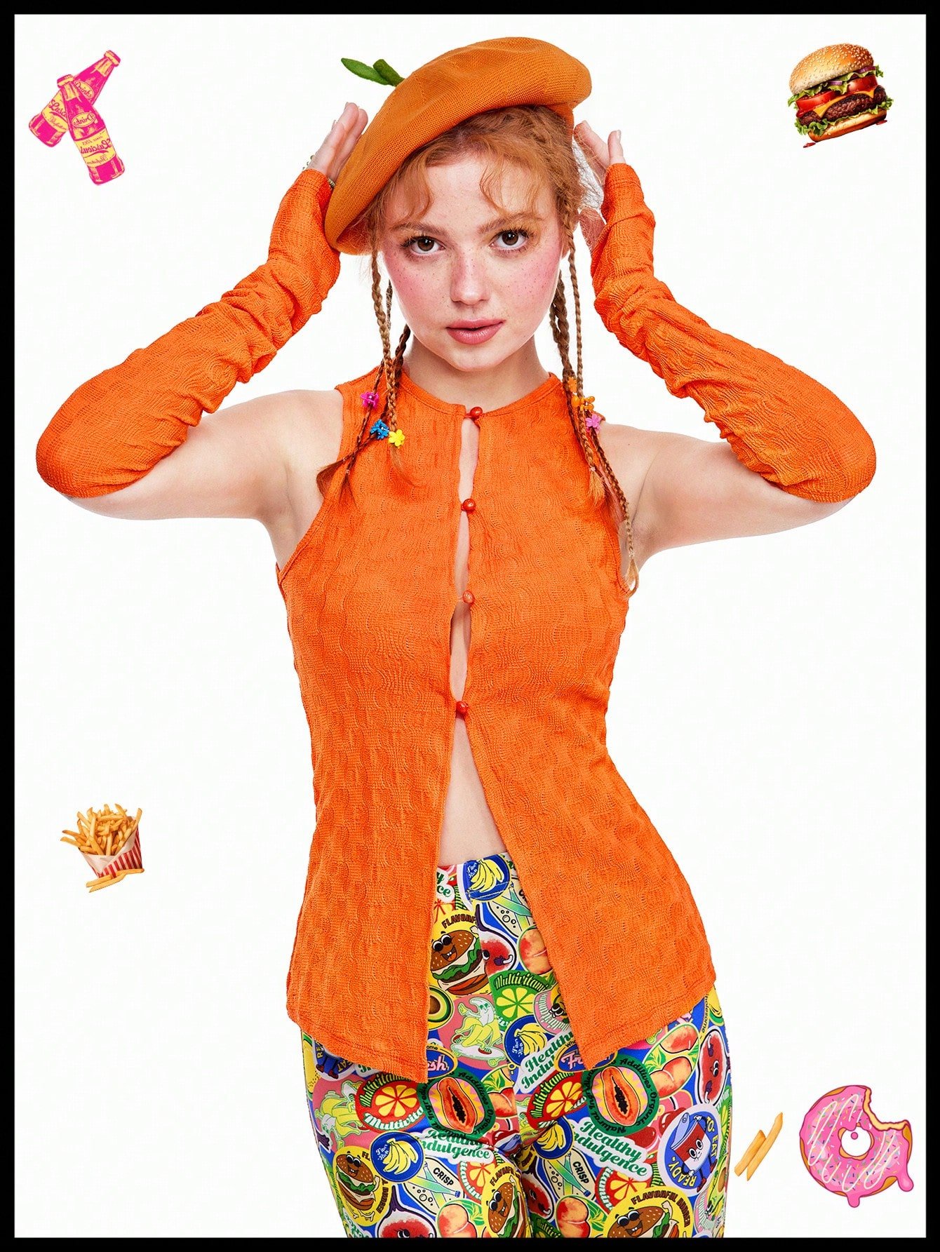 面白いドーパミンオレンジの透けたテキスチャートップ、取り外し可能な袖付き