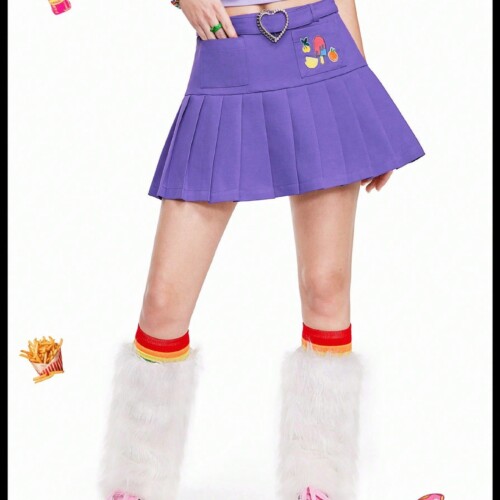 SHEIN Neu 女性用プリーツスカート 多幸感アイスクリーム刺繍 八重桜 かわいい 紫
