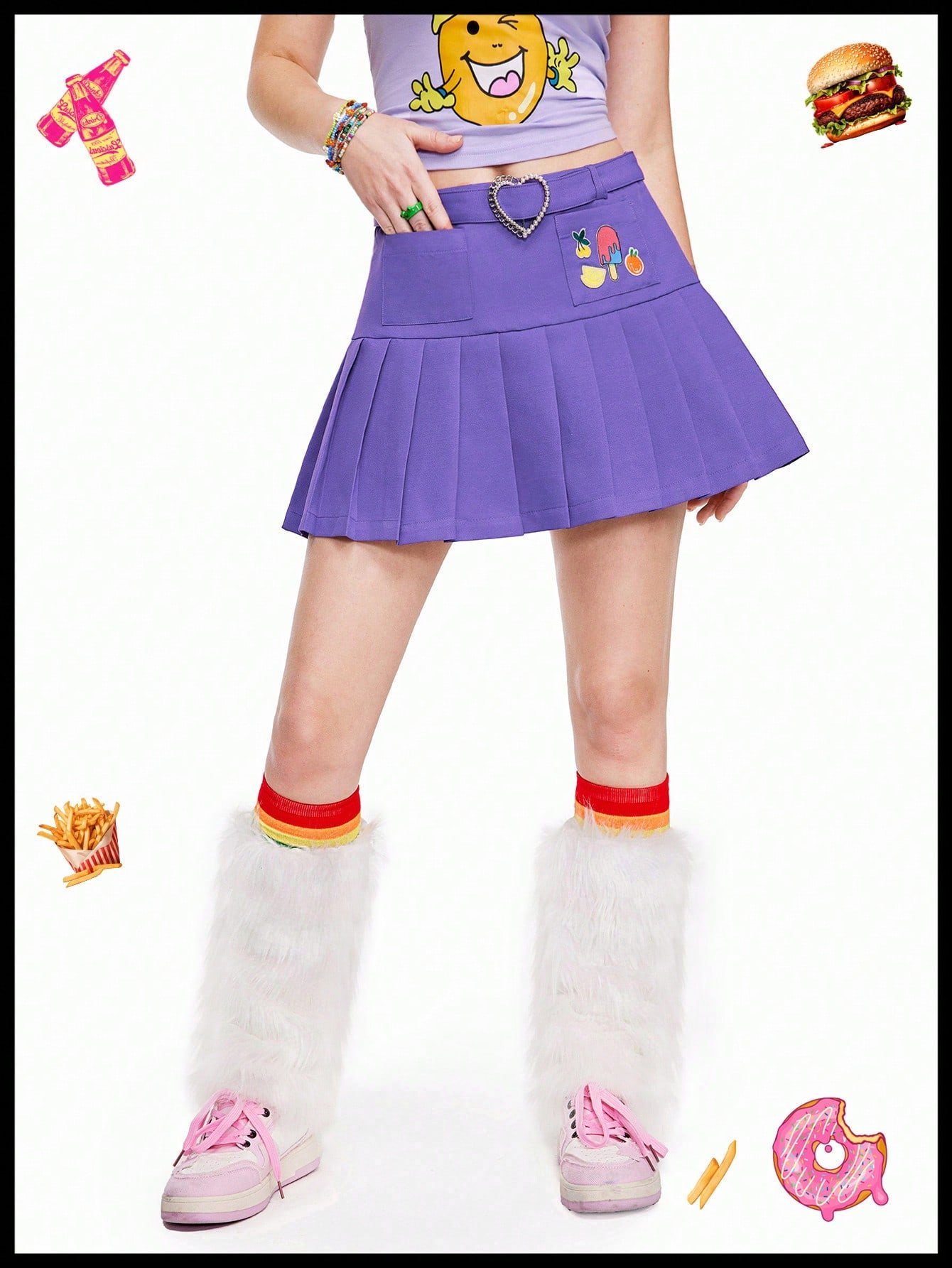 SHEIN Neu 女性用プリーツスカート 多幸感アイスクリーム刺繍 八重桜 かわいい 紫