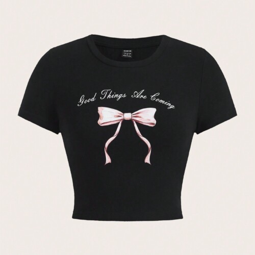SHEIN Neu レディースグラフィックtシャツ 芭蕾 カワイイ スイートボウ ピンク イラスト ラウンドネックシャツ 白