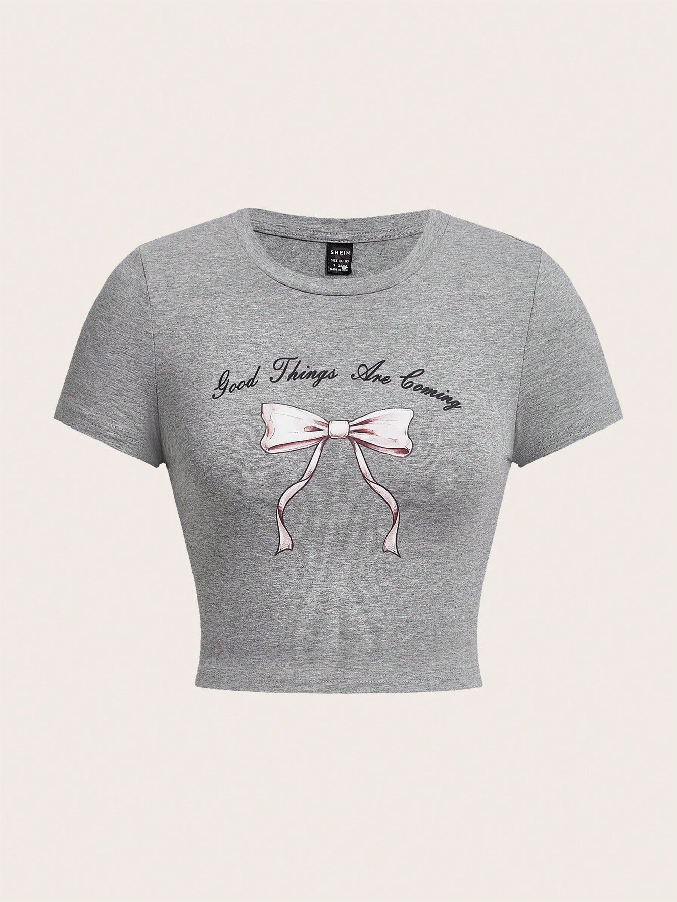 SHEIN Neu バレエ系tシャツ 白色 クールな可愛さ ピンクのリボンプリント 無地 カジュアル