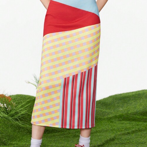 SHEIN Neu 女性用 カラフルな黄色と赤の対比が可愛らしい 快適な夏用ロングスカート