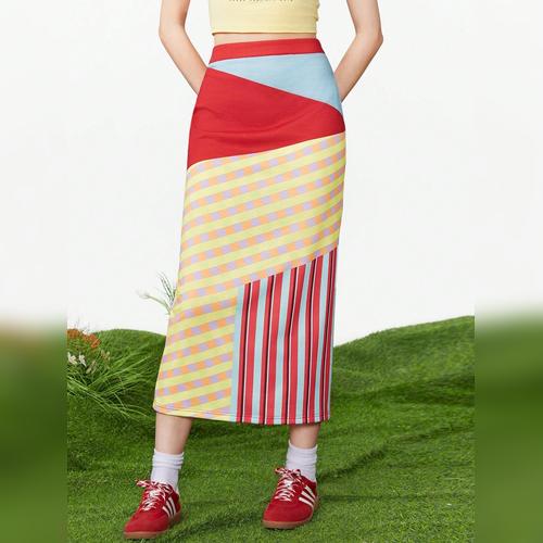 女性用 カラフルな黄色と赤の対比が可愛らしい 快適な夏用ロングスカート