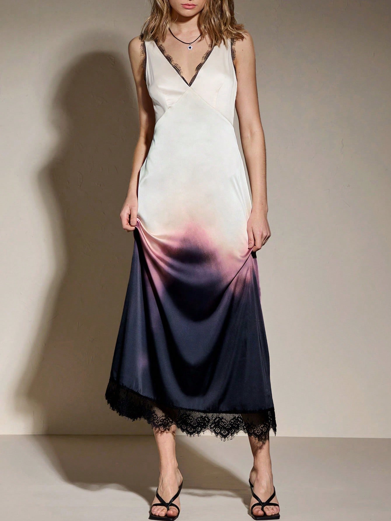 レディースVネックレースパッチワークグラデーションファッションデイリーウェアエレガントドレス