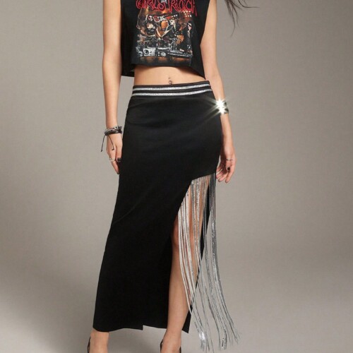 SHEIN Neu パッチワークデザインのスカート トレンドのフリンジヘムでスタイリング自在