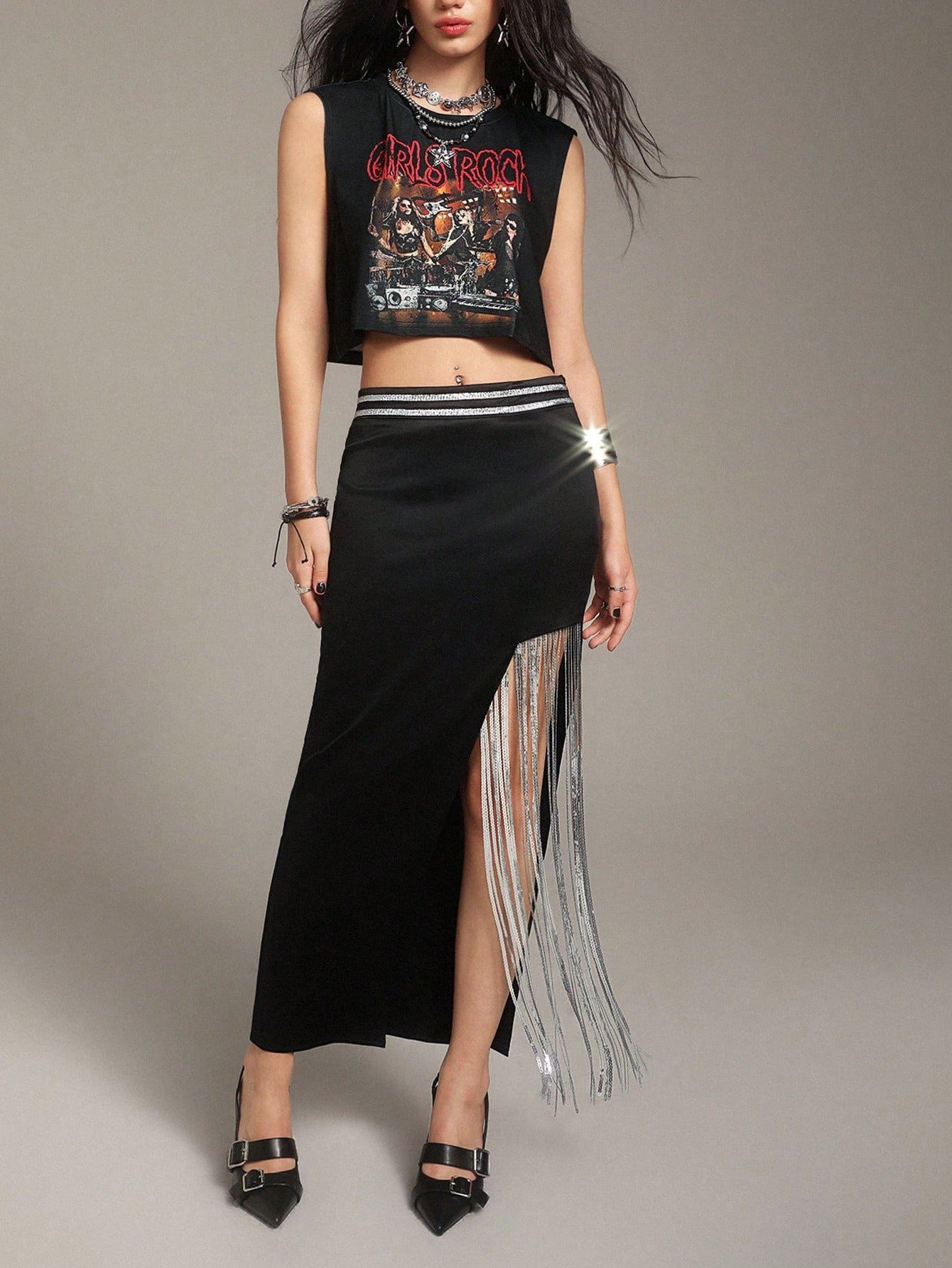 SHEIN Neu パッチワークデザインのスカート トレンドのフリンジヘムでスタイリング自在