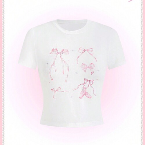 SHEIN Neu かわいい甘いバレリーナのコケット、夏に着回しできるバレエスタイルの短袖Tシャツ