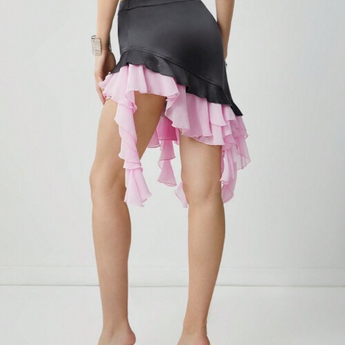 SHEIN Neu 女性用夏のスカート、シフォンの対比カラーのフラウンスヘムとスタイリッシュなプリーツ装飾があります。