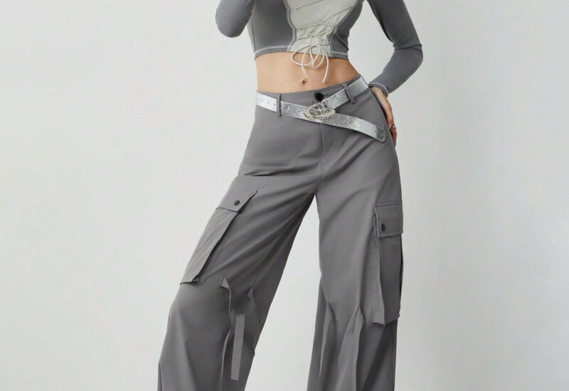 SHEIN Neu シンプルでおしゃれな女性用カジュアルワイドレッグパンツ、フリップポケット付きデザイン