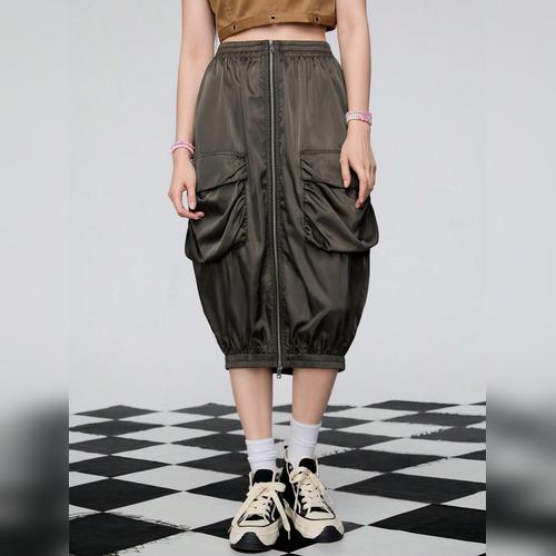 女性向けファッション ジッパー付き ソリッドカラー ビッグポケット スカート