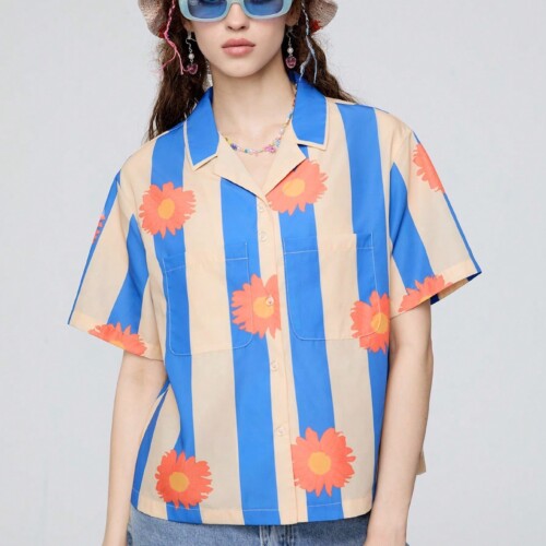 SHEIN Neu 春夏に向けた女性用フローラル柄のカジュアルな日常着用半袖シャツ