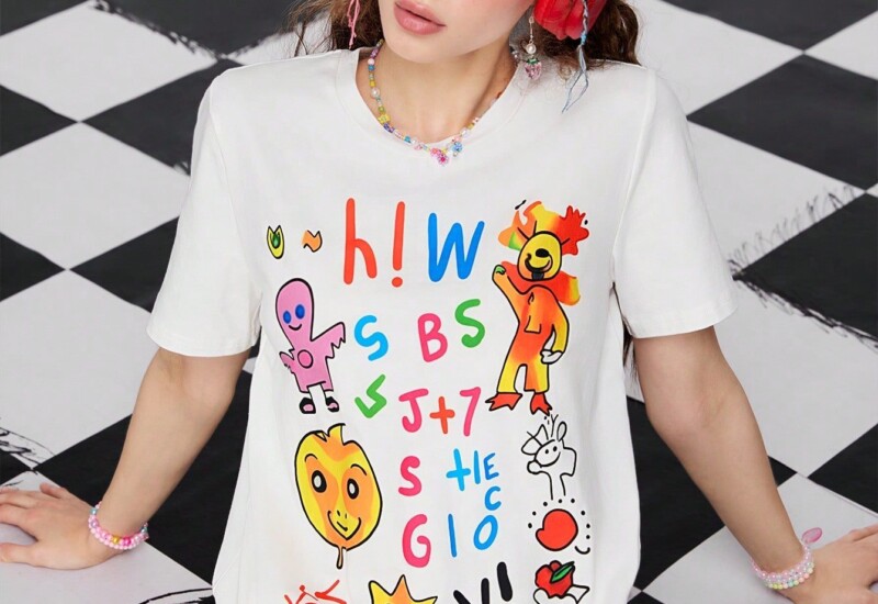SHEIN Neu 女性用 カートゥーン＆レターグラフィックサマーオーバーサイズシャツ