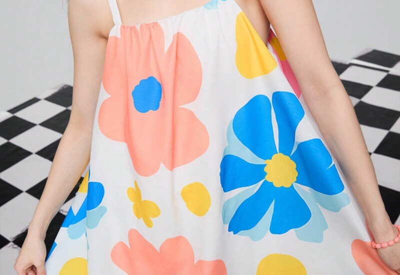 SHEIN Neu 女性用花柄プリントカジュアルホリデーパステル色のスパゲッティストラップドレス、春夏シーズンにぴったりのアイテムです