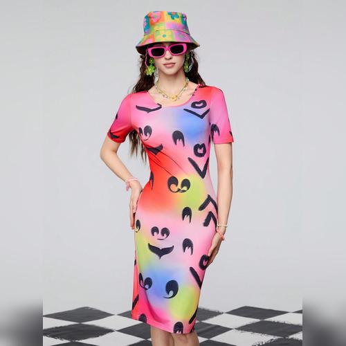 女性夏用グラデーションプリントスリムフィットドレス、カジュアルスタイル
