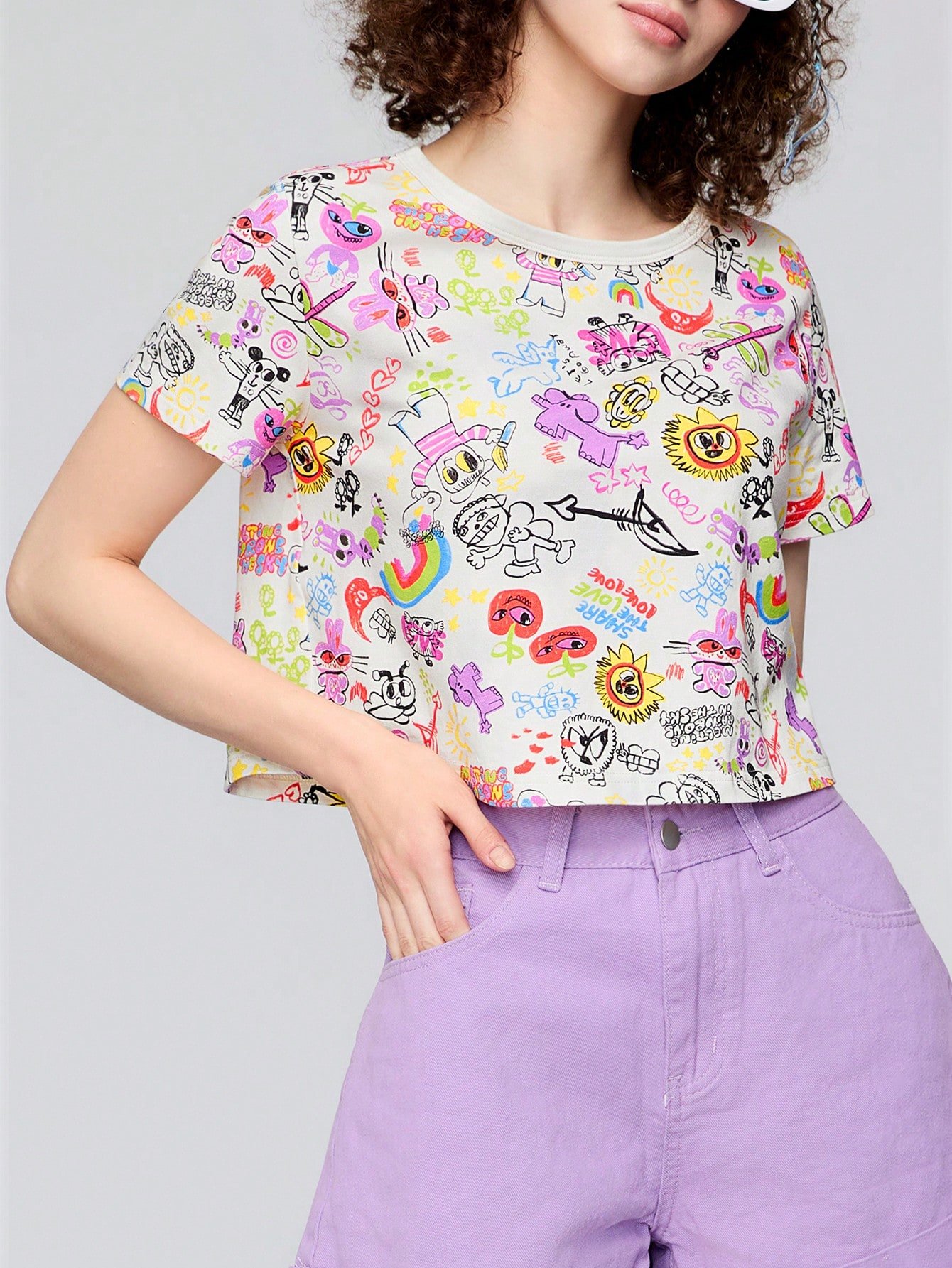 女性用Y2K夏用カートゥーン&文字プリントラウンドネック半袖カジュアルTシャツ