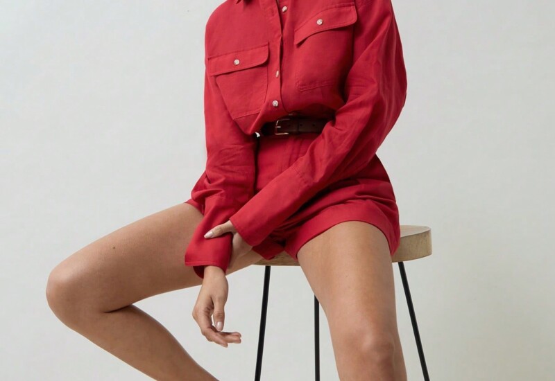 SHEIN Neu 赤い麻の女性用カジュアルストリートスタイルのゆったりシャツ